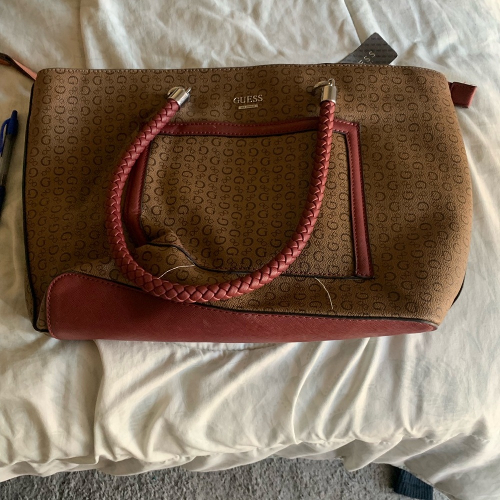 Guess Brown and Red Textured Tote Bag